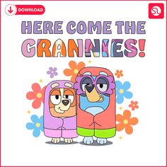 there are two cartoon characters in front of the words here come the cranines