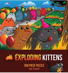 the cover of exploding kittens 500 piece puzzle, featuring cats in party hats and balloons