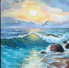 an oil painting of waves crashing on the shore with birds flying over it at sunset