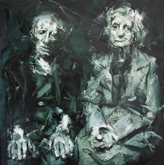 two people sitting next to each other in front of a black background with white paint