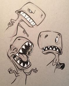 some drawings of dinosaurs with mouths and teeth