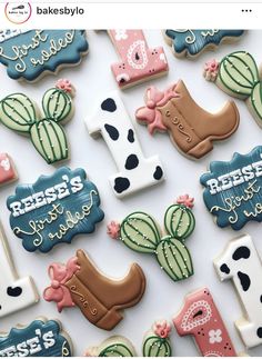 decorated cookies are displayed on a white surface