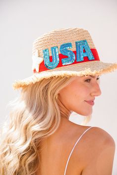 The fun in the sun possibilities are endless with the MISS PATRIOT STRAW HAT! Woven straw forms this trendy hat with a rounded top and adorable sparkly letters. There's no mistaking the patriotic flair in the red, white and blue accents! Judith March, Straw Sun Hat, Trendy Hat, Straw Hats, Fun In The Sun, Red Star, Blue Accents, Sun Hat, Straw Hat