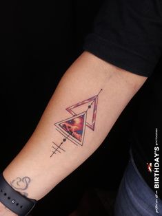 a person's arm with a triangle tattoo on the left side of their arm