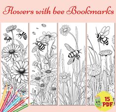 three bookmarks with flowers and bees on them