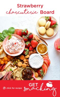 the strawberry cheese board is full of fruit and crackers, with dips on each plate