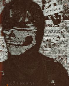 an image of a man with face paint on his face and newspaper pages in the background