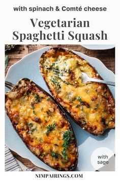 two stuffed eggplant halves with spinach and cottage cheese on a white plate