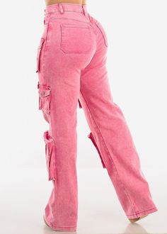 Pink Color Available in other colors. Belt loops. Denim. Straight. Zip up 1 button closure . Functional front pockets, 2 functional back pockets, functional leg pockets. Not see-through Material made from 97% Cotton, 3% Spandex Hand wash cold separately as color may bleed; Line Dry Rise approx 12''. Inseam is 33''. Leg opening is 16". High Waist. Imported Measured from and model wearing size Small SKU: 12068F_362918CFUCHSA Cargo Jeans, Acid Wash, High Jeans, Pink Color, Zip Ups, High Waist, Hand Wash, High Waisted, Spandex