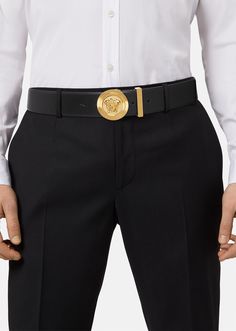 Made in Italy from premium leather featuring a Medusa Biggie buckle and accent belt loop. Versace Men, Leather Items, Men's Collection, Online Design, Leather Belt, Accessories Design, Calf Leather, Versace, In Italy