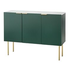 a green cabinet with two brass legs