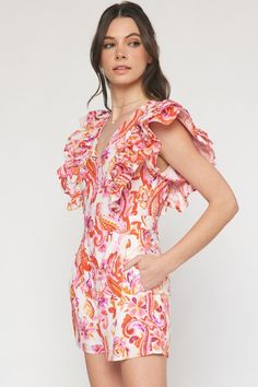 Paisley print v-neck ruffle sleeve romper Pockets at side Invisible zipper closure at back Lined Woven Non-sheer Light weight 100% Cotton Dramatic Sleeves, Fitted Romper, The Perfect Girl, Ruffle Romper, Pink Paisley, Some Girls, Neck Ruffle, Sleeved Romper, Drop Waist