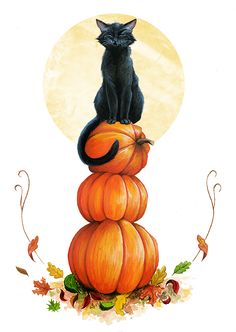 a black cat sitting on top of a stack of pumpkins with the moon in the background