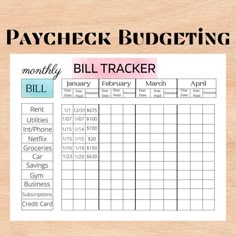 a printable bill tracker is shown with the words paycheck budgeting on it