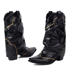 Shop Women's Black Rivets Fold Over Block Heel Boots Square Toe Cowboy Booties color Black for Ball, Music Festival, Night Club, Party with worldwide Free shipping & Free return. Black Festival Boots With Rivets, Party Boots With Rivets For Fall, Snip Toe Knee-high Boots For Fall Party, Punk Style Mid-calf Boots For Fall Party, Fall Punk Style Mid-calf Boots For Parties, Fitted Boots For Fall Festival, Winter Mid-calf Boots With Round Toe For Western-themed Events, Winter Western-themed Mid-calf Boots With Round Toe, Winter Mid-calf Boots For Western-themed Events