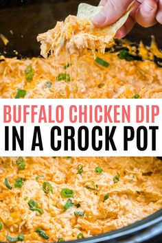 buffalo chicken dip in a crock pot with text overlay that reads buffalo chicken dip in a crock pot