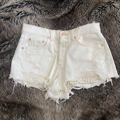 Brand New, Never Worn With Tags! Size: 28 Color: White/Ivory Detail: Denim Shorts With Lace Pocked Detail, Distressed, 4 Button Closure White Distressed Summer Jeans, White Jean Shorts With Pockets For Summer, White Distressed Mid-rise Bottoms, Distressed White Jeans For Summer, White Distressed Jeans For Summer, White Summer Jean Shorts With Pockets, White Distressed High Waist Bottoms, Distressed White Cotton Bottoms, White Cutoff Bottoms For Spring