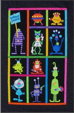 a cross stitch pattern with cartoon characters on the front and back panels, all in different colors