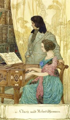 a painting of two women sitting at a table with an old fashioned piano in front of them