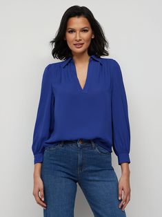 Collared V-Neck Popover Blouse | New York & Company Chic Closet, V Neck Blouse, Petite Fashion, Fabric Care, Work Outfit, Perfect Fit, Twist, Relaxed Fit, New York