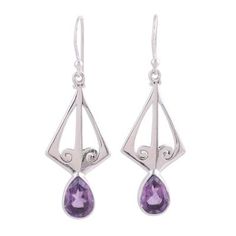 Add this pair of charismatic dangle earrings to your wardrobe crafted by hand with delicacy. Babun Dey of India designs the earrings each made of high-polish sterling silver and detailed with openwork spiral designs. Six carats of teardrop amethyst complete the earrings. Purple Sterling Silver Teardrop Dangle Earrings, Elegant Amethyst Chandelier Earrings For Gift, Purple Modern Sterling Silver Earrings, Modern Purple Sterling Silver Earrings, Modern Amethyst Earrings As Gift, Purple Sterling Silver Long Drop Earrings, Sterling Silver Teardrop Chandelier Earrings With Gemstones, Sterling Silver Gemstone Chandelier Earrings For Gift, Long Drop Gemstone Sterling Silver Earrings