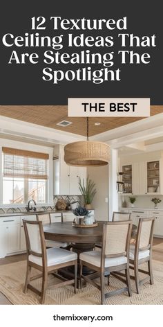 Elegant dining room with a textured ceiling design, large pendant light, and a wooden table with chairs. Home Ceiling Ideas, Accent Ceiling Bedroom, Living Room Ceiling Ideas, Textured Ceiling, Kitchen Ceiling Ideas, Bedroom Ceiling Ideas, Drop Ceiling Designs, Cheap Ceiling Covering Ideas