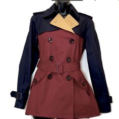 Coach Colorblock Short Trench Coat Black Cherry In Xxs. Navy Blue Upper With Tan Inside And Maroon Body. Worn 1 Time. Fitted Coach Outerwear For Fall, Coach Long Sleeve Fitted Outerwear, Coach Fitted Long Sleeve Outerwear, Winter Coach Fitted Outerwear, Coach Fitted Winter Outerwear, Fitted Long Sleeve Coach Outerwear, Coach Fitted Outerwear For Work, Fitted Coach Outerwear For Work, Coach Jackets