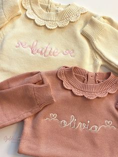 Ruffle Baby Sweater / Embroidered Sweater / Monogrammed Knit | Etsy Pink Winter Sweater With Embroidered Logo, Cream Long Sleeve Sweater With Letter Embroidery, Cute Winter Sweater With Embroidered Text, Embroidered Baby Sweater, Eden Girl, Bride Sweatshirt, Personalized Sweater, Baby Prep, Zara Baby