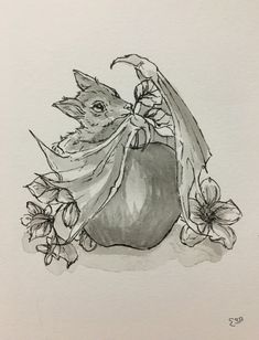 a drawing of a cat in a bag with flowers