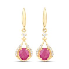 "Natural Ruby Earrings, 14k Yellow Gold Ruby and Diamond Earrings, July Birthstone, Gold Dangle Earrings, Minimalist Jewelry, Christmas Gift  Enjoy a taste of glittering glamour with these dangle earrings. The earrings consist of oval ruby gemstones and are made of fine finish 14k yellow gold. The stones have a combined weight of 0.70 carats, and are arranged to display their sensational shine to the max! Light up whichever room you are in with these dashing earrings. Product Details:  14K Yello Formal Gemstone Dangle Linear Earrings, Formal Dangle Gemstone Linear Earrings, Yellow Gold Gemstone Diamond Drop Earrings, Yellow Gold Drop Earrings With Gemstones, Formal Round Teardrop Earrings With Prong Setting, Formal Drop Diamond Earrings With Ear Wire, Formal Yellow Gold Teardrop Gemstone Earrings, 14k Gold Gemstone Drop Earrings, Formal Fine Jewelry Diamond Earrings With Ear Wire