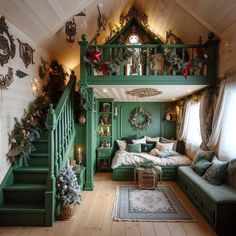 a living room filled with lots of furniture and christmas wreaths on the wall next to stairs