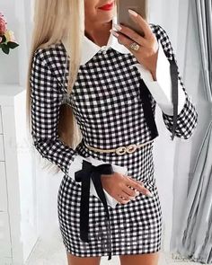 Lasaky - Long Sleeve Tie Detail Plaid Bodycon Dress Sheer Mesh Bodycon Dress, Black Bodycon Dress Long Sleeve, Plaid Bodycon Dress, Backless One Piece Swimsuit, Satin Bodycon Dress, Sleeve Bodycon Dress, Layer Dress, Yellow Fashion, Long Sleeve Bodycon