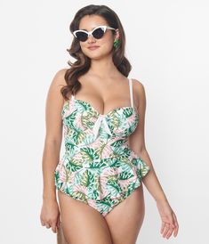 Unique Vintage Green & Pink Monstera Leaf Daphne Swim Bottoms - Unique Vintage - Womens, SWIM, BOTTOM Pink Monstera, Vintage Fashion 1960s, 1960s Dresses, 1960s Outfits, Plus Size Tankini, Monstera Leaves, Tankini Swim Tops, Swim Tankini, White Backdrop