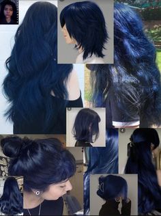 blue hair Deep Blue Dyed Hair, Black Blue Hair Color Short, Deep Navy Blue Hair, Deep Blue Hair Dye, Black Hair With Navy Blue Highlights, Blue And Black Hair With Bangs, Blue Hair Ideas For Black Hair, Creative Hairstyles Easy, Blue Under Black Hair