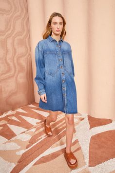 The Valerie Dress - Danube Medium Indigo Wash Blue Denim Mini Dress - Ulla Johnson A Perfect Blue, Oversized Denim Shirt, Shirt Silhouette, Blue Dress Short, Oversized Shirt Dress, Perfect Blue, Denim Mini Dress, Shirt Dresses, Long Sleeve Mini