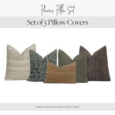 six pillows in different colors and sizes with the words, set of 5 pillow covers