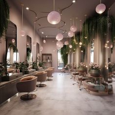 the interior of a hair salon with lots of chairs and plants hanging from the ceiling