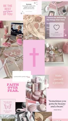 pink and white collage with the words faith over fear