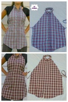 four pictures of different types of aprons and shirts, one with an apron on it