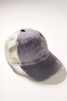 Washed solid color ripped ponytail cotton twill baseball caps with mesh and adjustable velcro close back 70% Cotton. 30% Polyester One size fits most. Distressed Baseball Cap, Online Clothing Boutiques, Mesh Cap, Baseball Caps, Boutique Clothing, Cotton Twill, Baseball Cap, Baseball Hats, Vogue