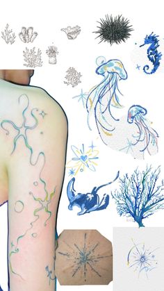 the back of a person's arm with various tattoos on it and different sea creatures