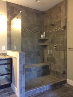 a walk in shower sitting inside of a bathroom