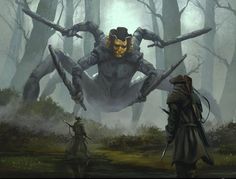 an image of two people in the woods with a giant spider on their back,