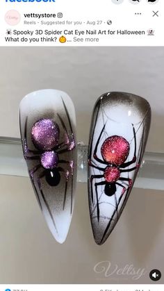 Desain Salon Kuku, Chrome Painting, Nail Art For Halloween, Cat Eye Nail Art, Art For Halloween, Spider Cat, 3d Spider, Scary Nails, Cat Eye Nail