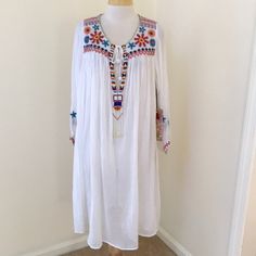 Johnny Was Os White Embroidered And Beaded Sheer Aster Tunic / Swim Cover Up. Absolutely Gorgeous. Summer Embellished Embroidered Dress, White Beaded Bohemian Dress, Spring Bohemian Embroidered Embellished Dress, Spring Bohemian Embellished Embroidered Dress, Bohemian Embroidered Embellished Dress For Spring, Swim Cover, Johnny Was, Tunics, Tunic Tops