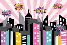 an image of a city skyline with buildings and pop - up words on the background