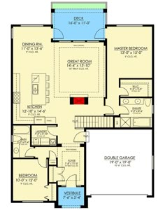 the first floor plan for a house with two master suites and an attached garage area