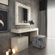 a bathroom with a vanity, stool and mirror on the wall next to flowers in a vase