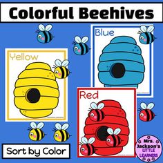 colorful beehives are shown with the words red, yellow and blue