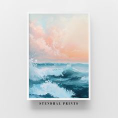 an ocean scene with the words stendral prints on it and waves in the foreground